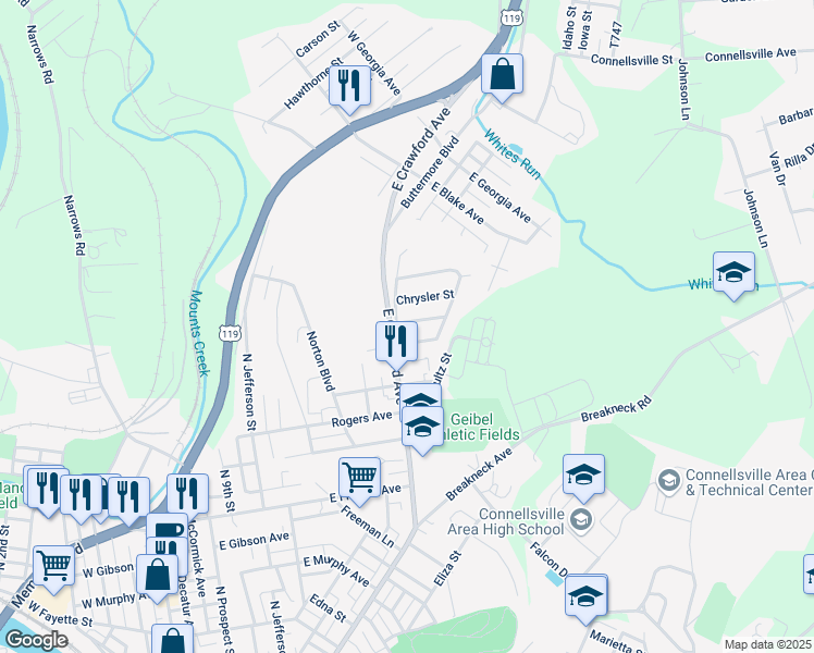 map of restaurants, bars, coffee shops, grocery stores, and more near 104 Newport Street in Connellsville