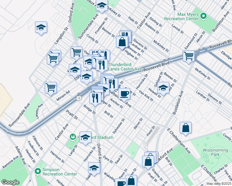 map of restaurants, bars, coffee shops, grocery stores, and more near 1401 East Cheltenham Avenue in Philadelphia