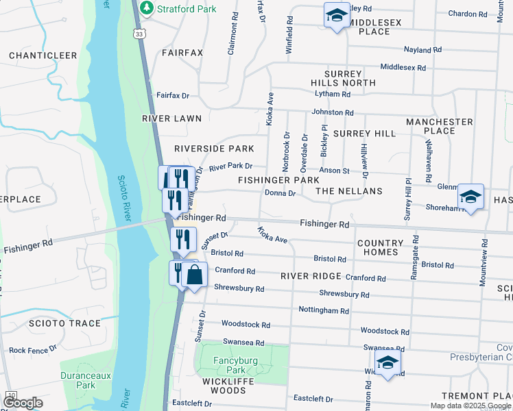 map of restaurants, bars, coffee shops, grocery stores, and more near 3751 Kioka Avenue in Columbus