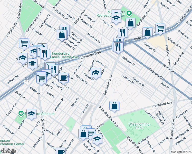 map of restaurants, bars, coffee shops, grocery stores, and more near 1634 Comly Street in Philadelphia