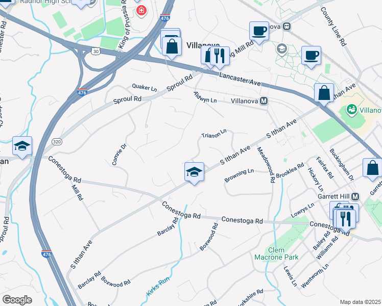 map of restaurants, bars, coffee shops, grocery stores, and more near 132 Trianon Lane in Villanova