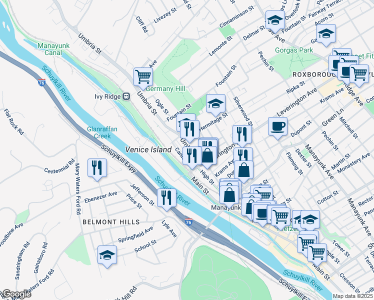 map of restaurants, bars, coffee shops, grocery stores, and more near 4654 Umbria Street in Philadelphia
