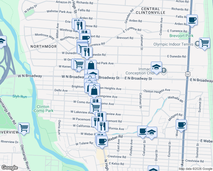 map of restaurants, bars, coffee shops, grocery stores, and more near 80 Clinton Heights Avenue in Columbus