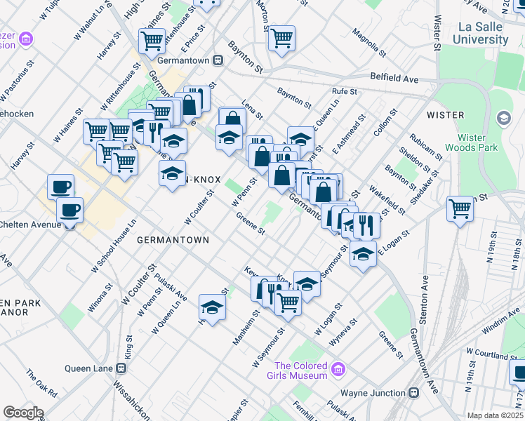 map of restaurants, bars, coffee shops, grocery stores, and more near 5221 Greene Street in Philadelphia