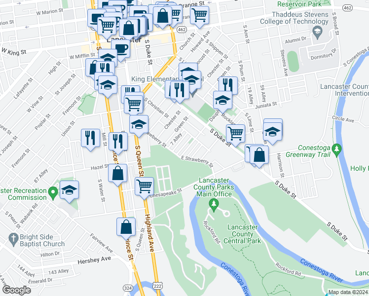 map of restaurants, bars, coffee shops, grocery stores, and more near 534 Dauphin Street in Lancaster