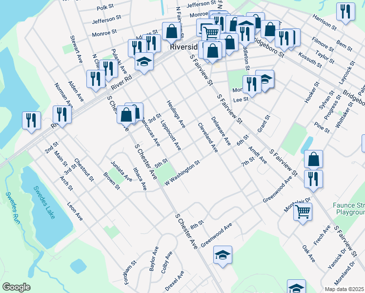 map of restaurants, bars, coffee shops, grocery stores, and more near 421 Lippincott Avenue in Riverside