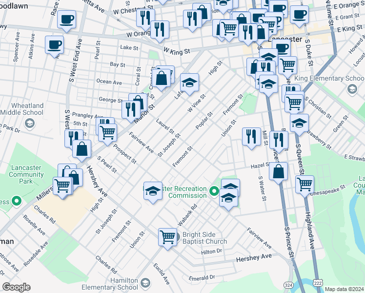 map of restaurants, bars, coffee shops, grocery stores, and more near 712 Poplar Street in Lancaster