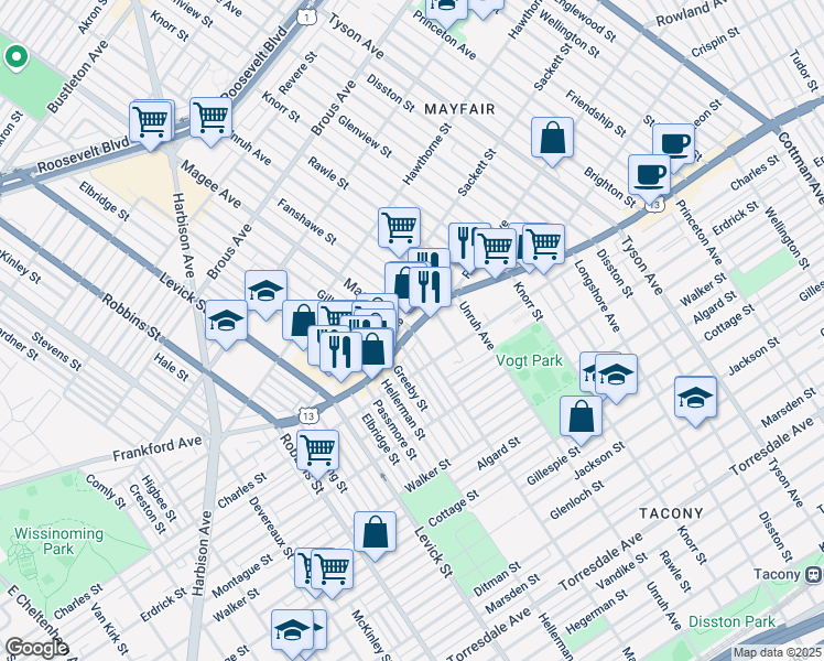 map of restaurants, bars, coffee shops, grocery stores, and more near Frankford Avenue & Magee Avenue in Philadelphia
