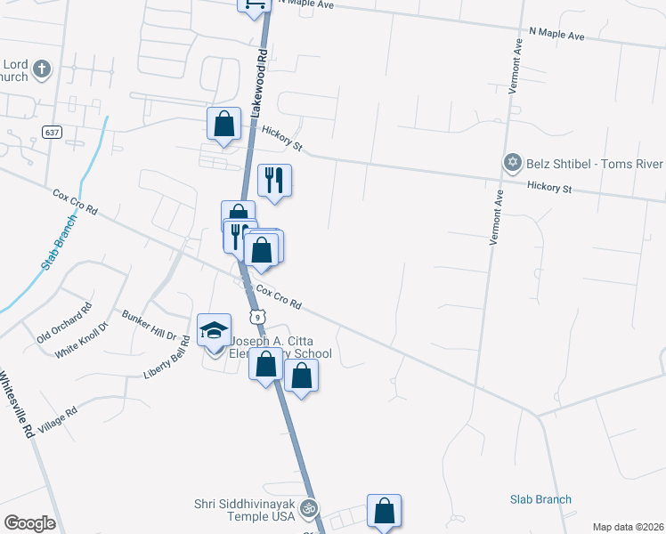 map of restaurants, bars, coffee shops, grocery stores, and more near 1082 Cox Cro Road in Toms River