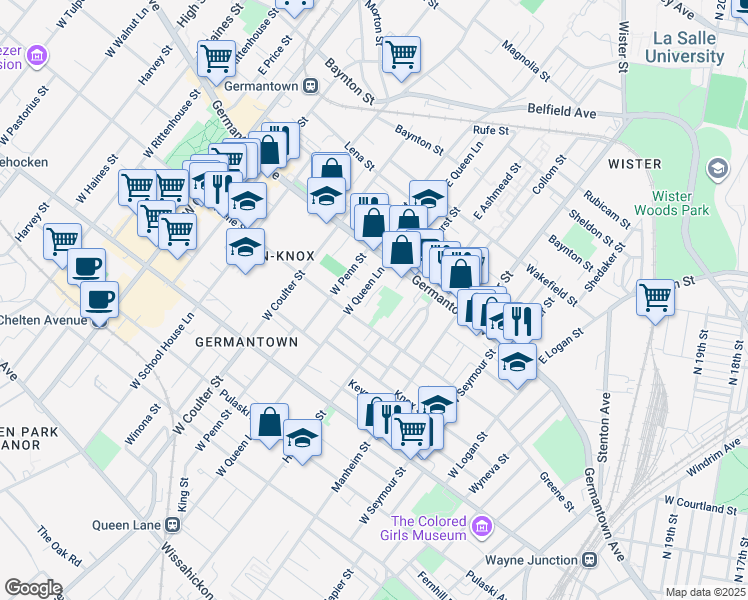 map of restaurants, bars, coffee shops, grocery stores, and more near 5221 Greene Street in Philadelphia