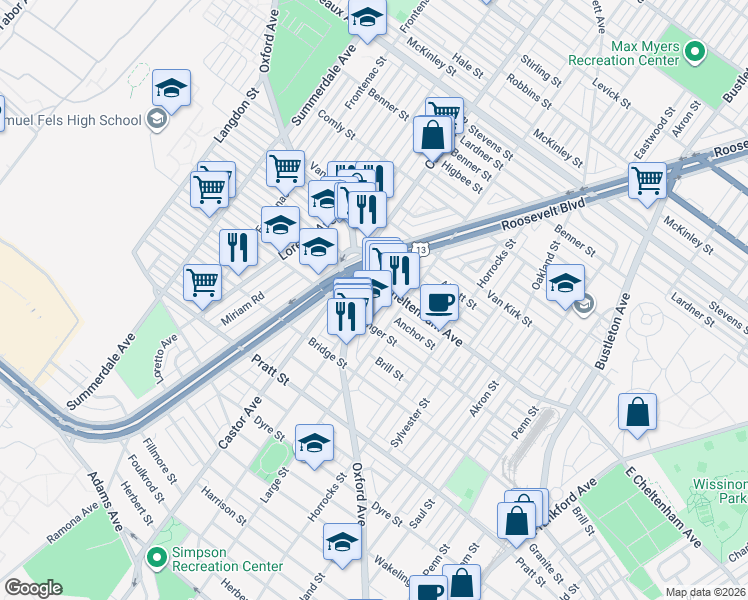 map of restaurants, bars, coffee shops, grocery stores, and more near 5424 Rutland Street in Philadelphia