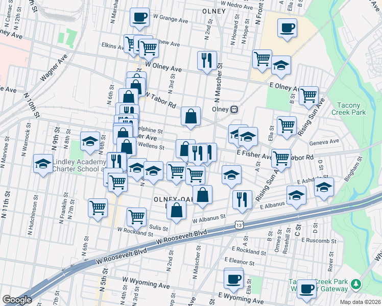 map of restaurants, bars, coffee shops, grocery stores, and more near 5239 North 2nd Street in Philadelphia