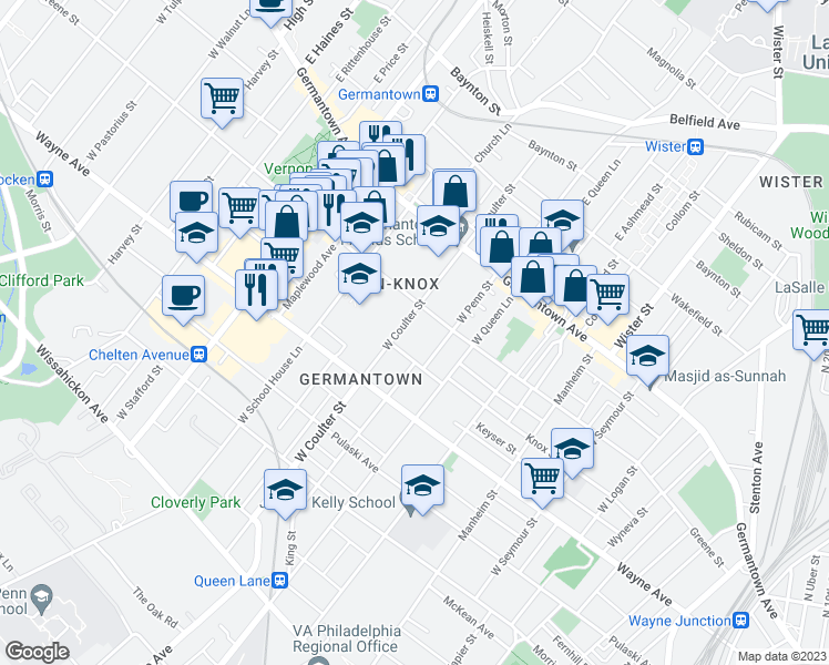 map of restaurants, bars, coffee shops, grocery stores, and more near 156 West Penn Street in Philadelphia