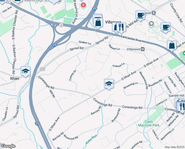 map of restaurants, bars, coffee shops, grocery stores, and more near 154 Wooded Lane in Villanova