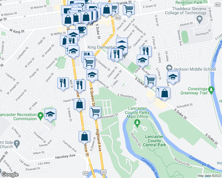 map of restaurants, bars, coffee shops, grocery stores, and more near 537 East Strawberry Street in Lancaster