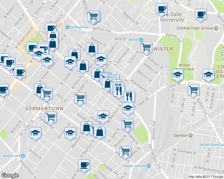 map of restaurants, bars, coffee shops, grocery stores, and more near 5115 Germantown Avenue in Philadelphia