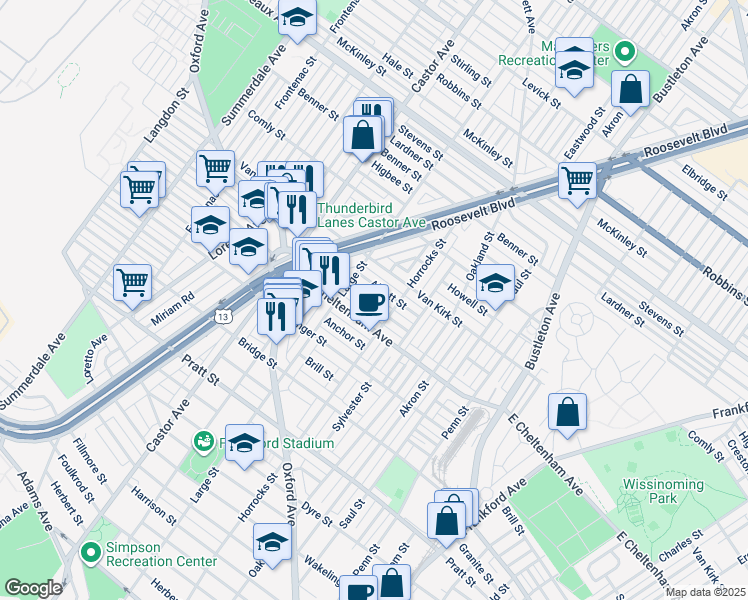 map of restaurants, bars, coffee shops, grocery stores, and more near 1433 Rosalie Street in Philadelphia