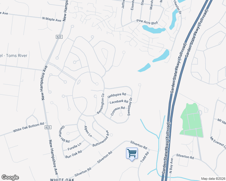 map of restaurants, bars, coffee shops, grocery stores, and more near 1632 Goldspire Road in Toms River