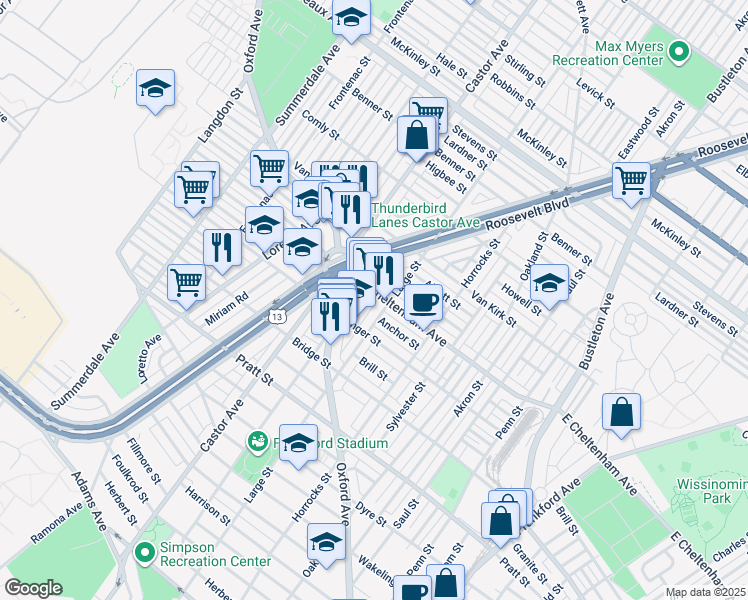 map of restaurants, bars, coffee shops, grocery stores, and more near 5445 Rutland Street in Philadelphia