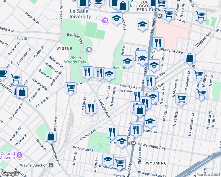 map of restaurants, bars, coffee shops, grocery stores, and more near 5039 North 17th Street in Philadelphia