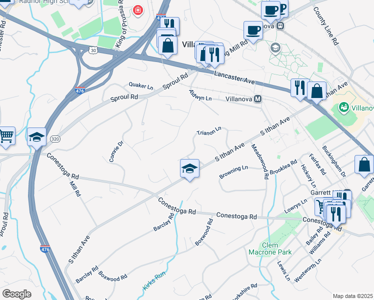 map of restaurants, bars, coffee shops, grocery stores, and more near 132 Trianon Lane in Villanova
