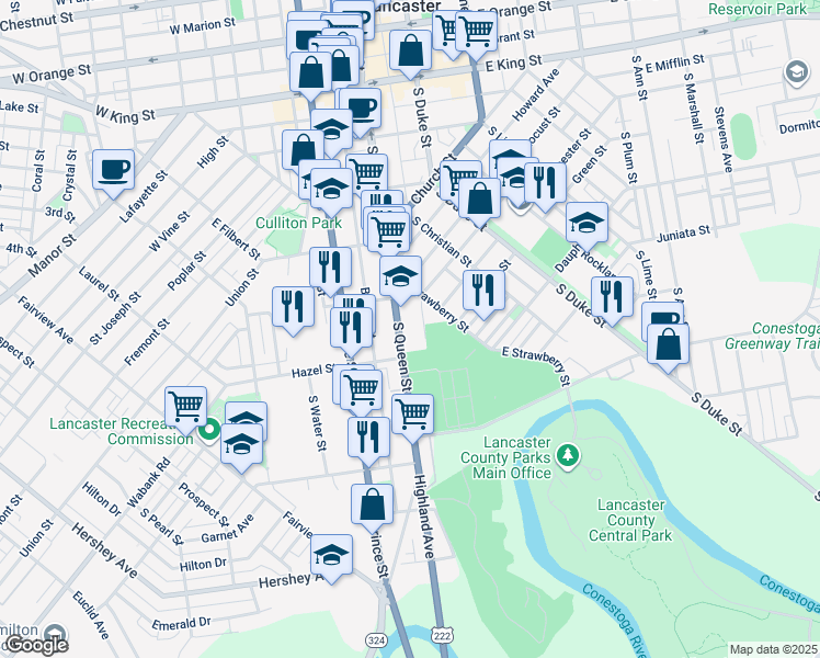 map of restaurants, bars, coffee shops, grocery stores, and more near 435 South Queen Street in Lancaster