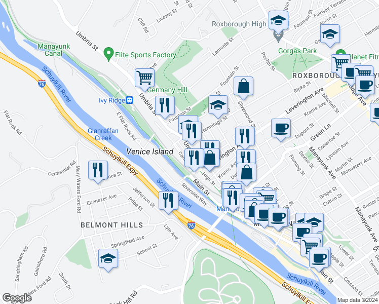 map of restaurants, bars, coffee shops, grocery stores, and more near 4654 Umbria Street in Philadelphia