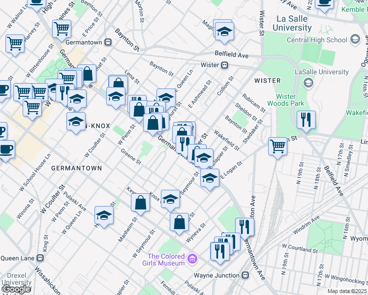 map of restaurants, bars, coffee shops, grocery stores, and more near 5109 Germantown Avenue in Philadelphia