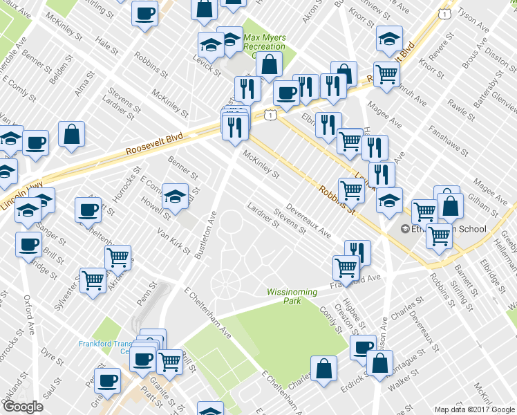 map of restaurants, bars, coffee shops, grocery stores, and more near 2121 Lardner Street in Philadelphia