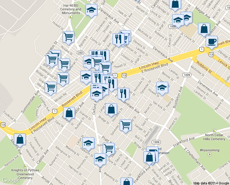 map of restaurants, bars, coffee shops, grocery stores, and more near 1401 East Cheltenham Avenue in Philadelphia