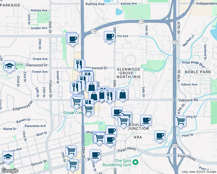 map of restaurants, bars, coffee shops, grocery stores, and more near 2952 Eagle Way in Boulder