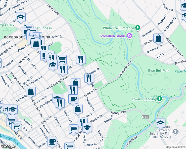 map of restaurants, bars, coffee shops, grocery stores, and more near 653 Rector Street in Philadelphia