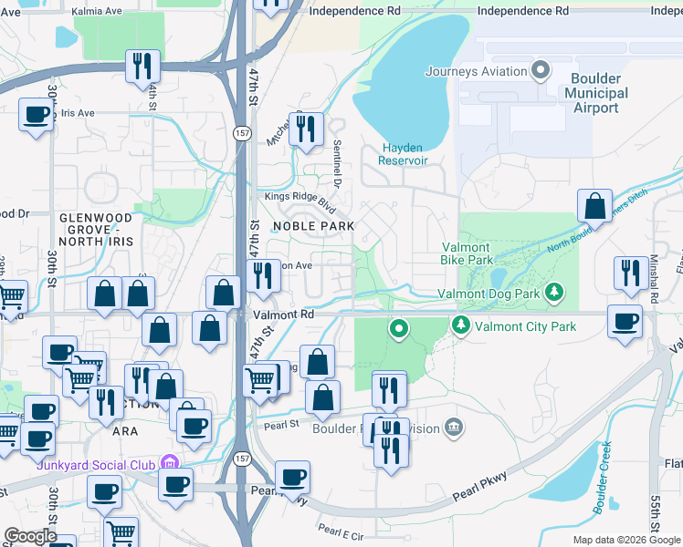 map of restaurants, bars, coffee shops, grocery stores, and more near 4876 Darwin Court in Boulder