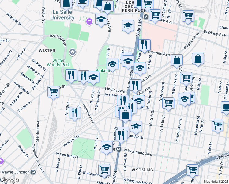 map of restaurants, bars, coffee shops, grocery stores, and more near 1502 Lindley Avenue in Philadelphia