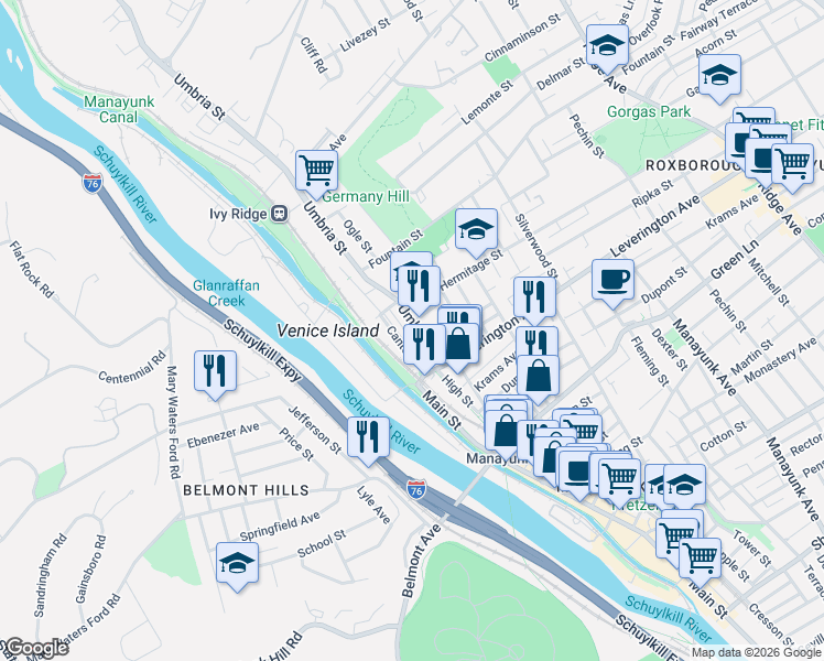 map of restaurants, bars, coffee shops, grocery stores, and more near 4681 Canton Street in Philadelphia