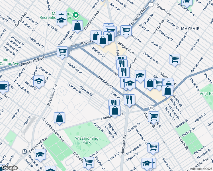 map of restaurants, bars, coffee shops, grocery stores, and more near 6251 Cardiff Street in Philadelphia