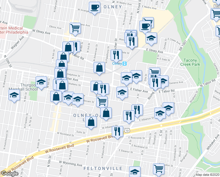 map of restaurants, bars, coffee shops, grocery stores, and more near 5244 North Mascher Street in Philadelphia