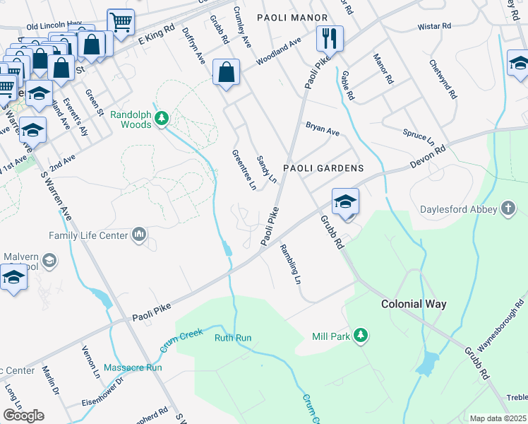 map of restaurants, bars, coffee shops, grocery stores, and more near 101 Putney Lane in Malvern