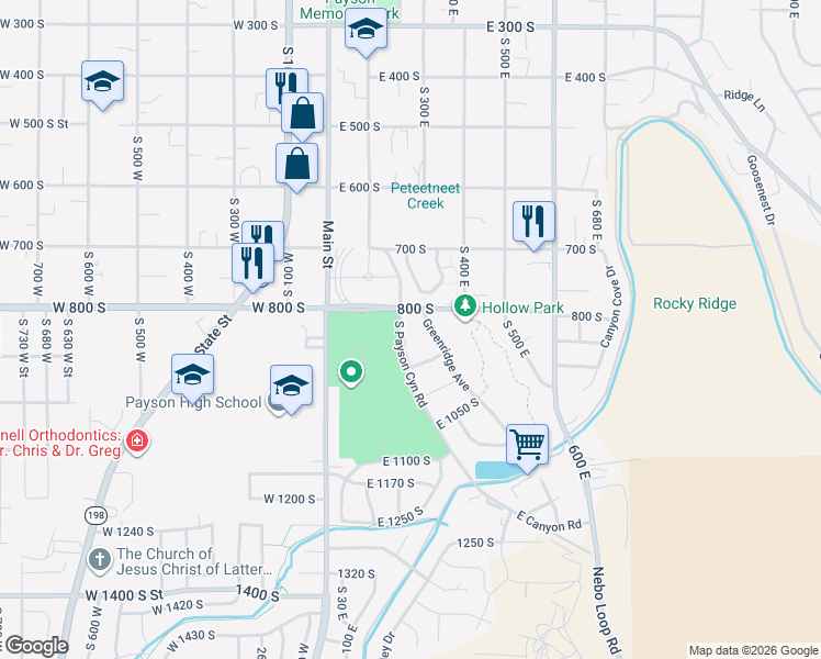 map of restaurants, bars, coffee shops, grocery stores, and more near 821 South Canyon Road in Payson