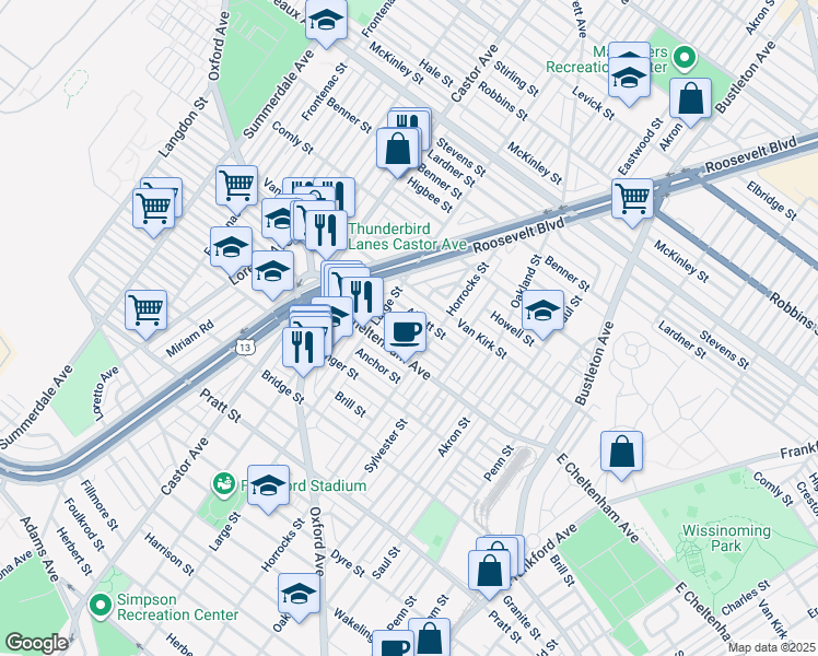 map of restaurants, bars, coffee shops, grocery stores, and more near 1433 Rosalie Street in Philadelphia