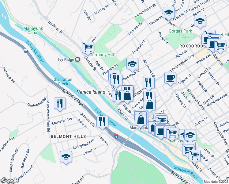 map of restaurants, bars, coffee shops, grocery stores, and more near 4656 Umbria Street in Philadelphia