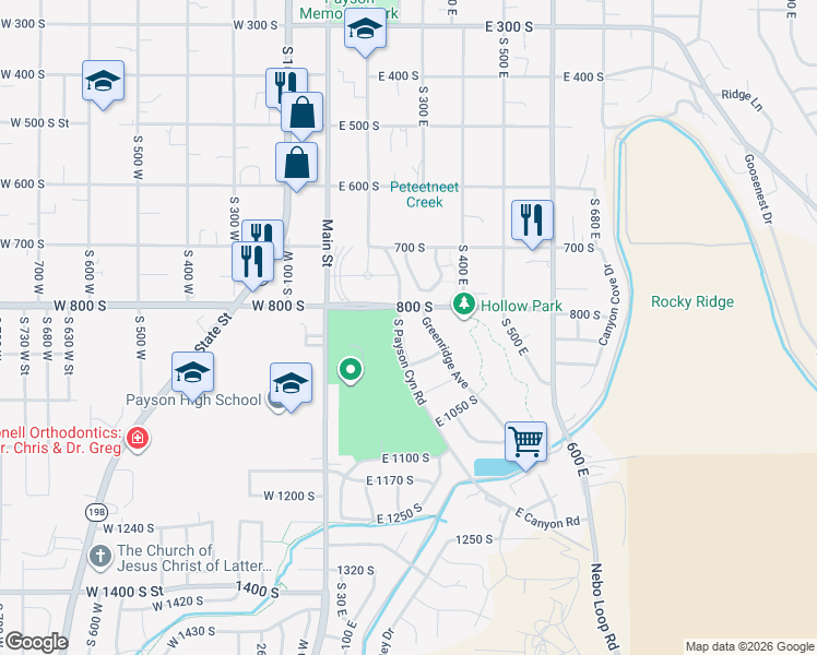 map of restaurants, bars, coffee shops, grocery stores, and more near 815 South Payson Canyon Road in Payson