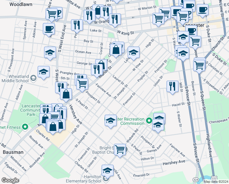 map of restaurants, bars, coffee shops, grocery stores, and more near 752 West Vine Street in Lancaster