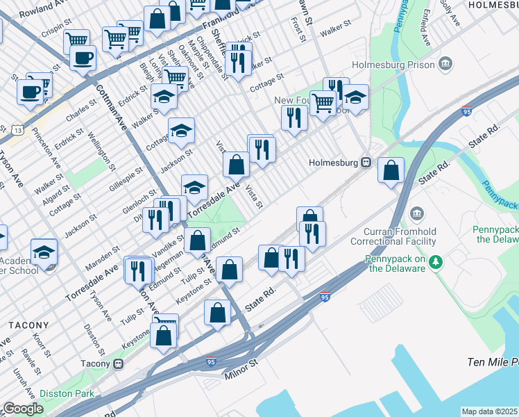 map of restaurants, bars, coffee shops, grocery stores, and more near 4772 Vista Street in Philadelphia