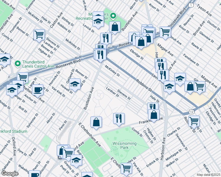 map of restaurants, bars, coffee shops, grocery stores, and more near 2119 Lardner Street in Philadelphia