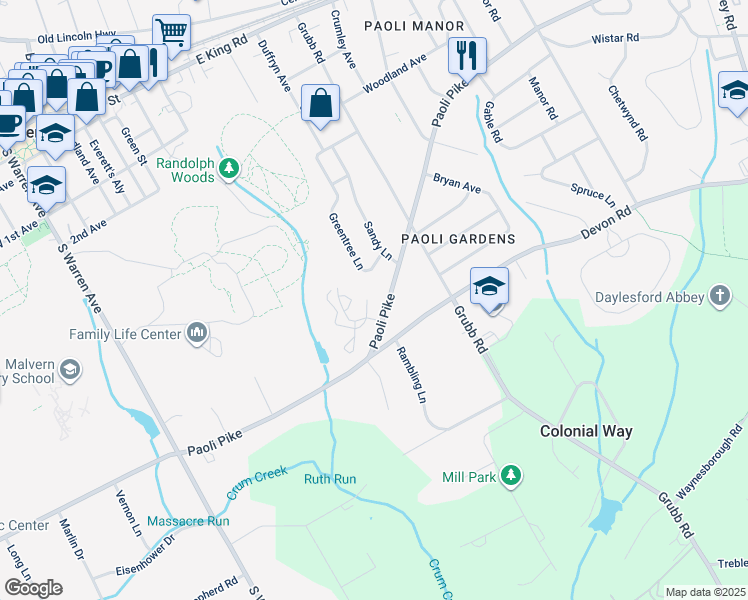 map of restaurants, bars, coffee shops, grocery stores, and more near 101 Putney Lane in Malvern
