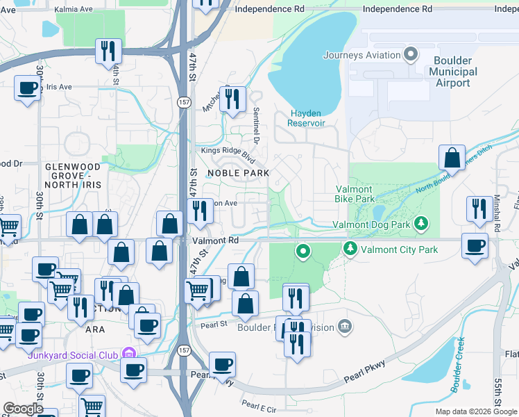 map of restaurants, bars, coffee shops, grocery stores, and more near 4876 Darwin Court in Boulder