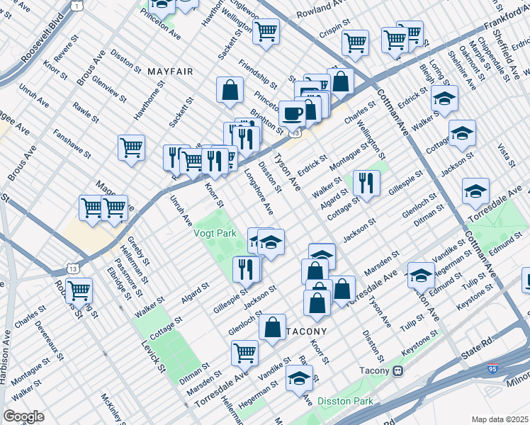 map of restaurants, bars, coffee shops, grocery stores, and more near 4237 Longshore Avenue in Philadelphia