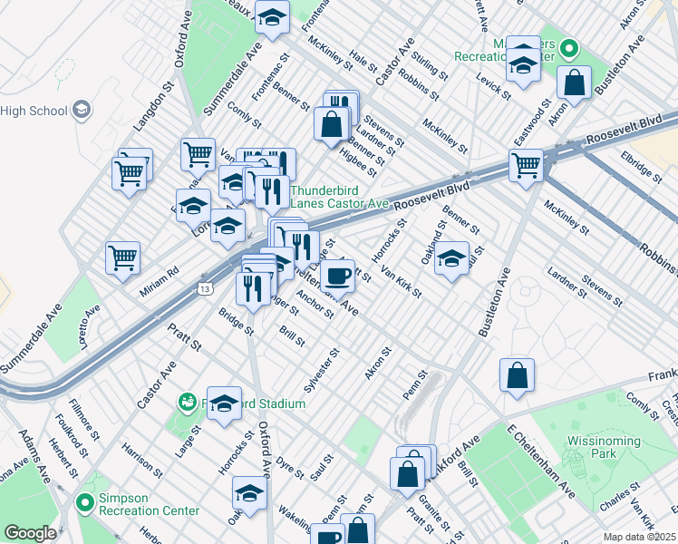 map of restaurants, bars, coffee shops, grocery stores, and more near 1439 Rosalie Street in Philadelphia