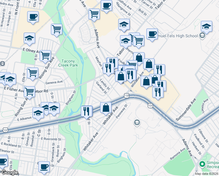 map of restaurants, bars, coffee shops, grocery stores, and more near 5227 Montour Street in Philadelphia
